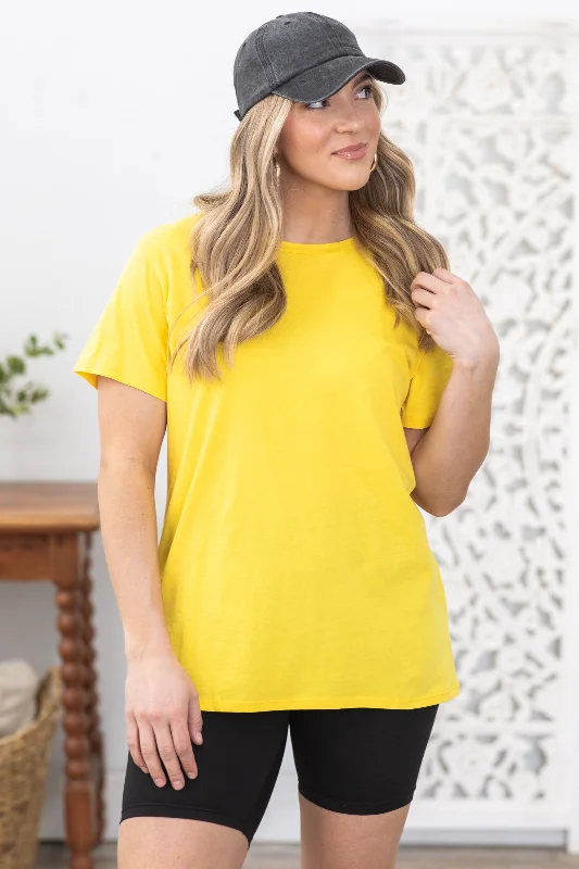 Yellow Cotton Boyfriend Round Neck Tee