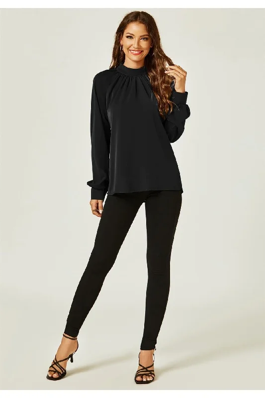 FS Collection Halter Neck Long Sleeve Blouse Top In Black