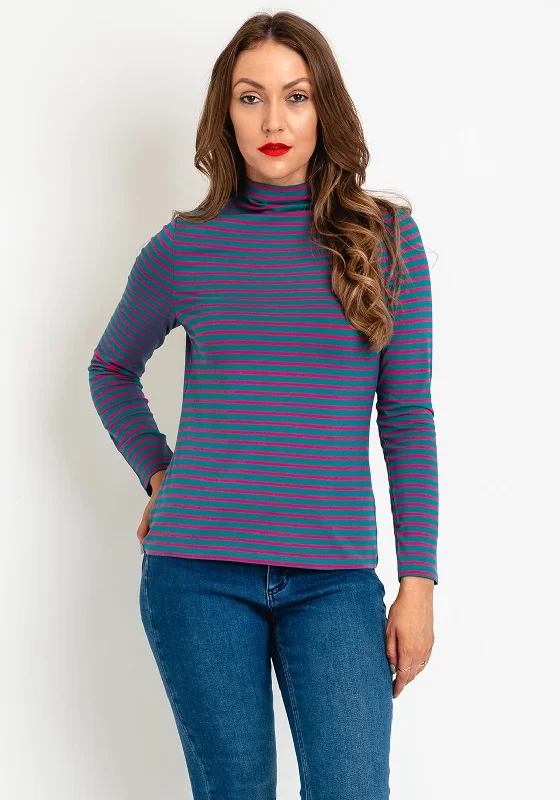 OUI Stripe High Neck Long Sleeve T-Shirt, Pink & Green