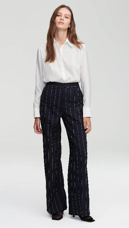 Wide Leg Trouser in Stretch Wool | Navy Stripe