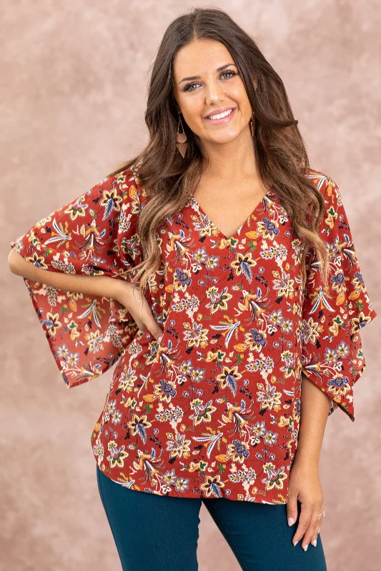 Maroon Floral Print Dolman Sleeve Top