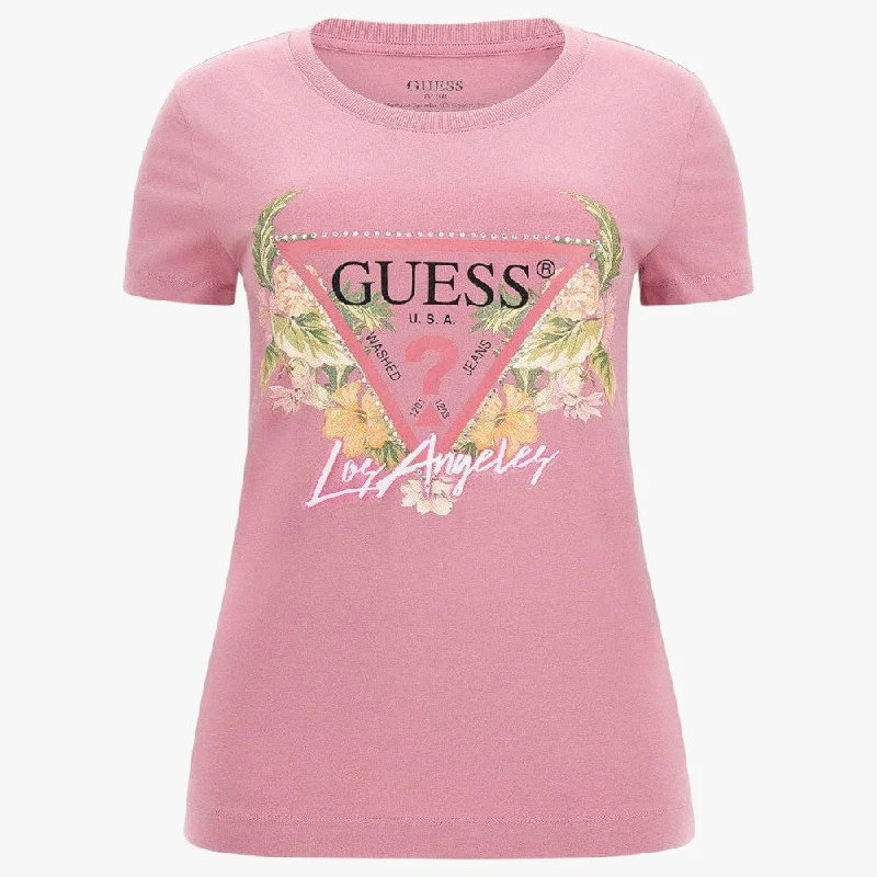 Guess Womens Triangle Flower Short Sleeve Tee Pink