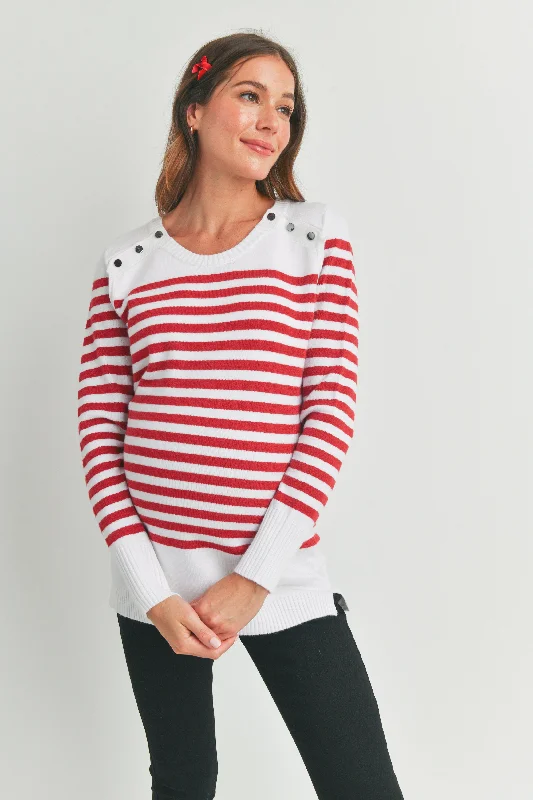 Stripe Maternity Nursing Sweater Top with Button Detail