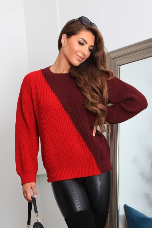 Double Second Red And Burgundy Diagonal Contrast Colour Block Oversized Knit Jumper