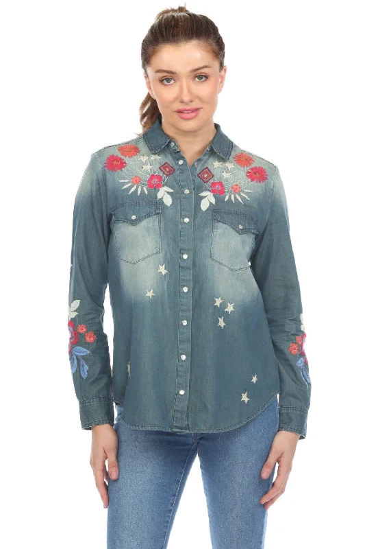 Johnny Was Workshop Denim Blue Mika Denim Pocket Shirt Boho Chic W14523