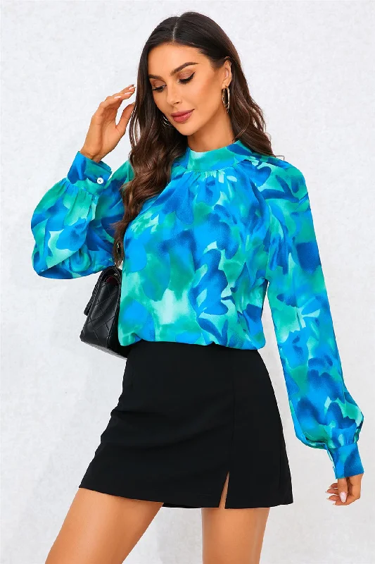 FS Collection Abstract Floral Print Halter Neck Blouse Top In Blue