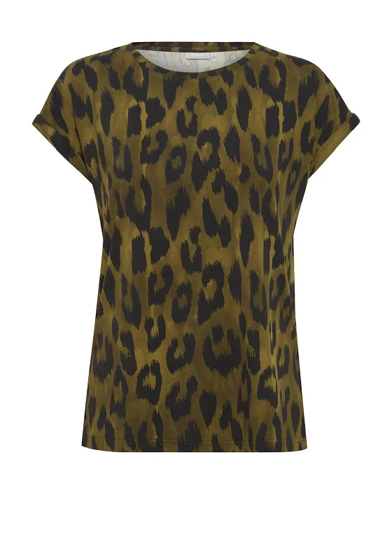 Fransa Round Neck Leopard Print Top, Dark Green