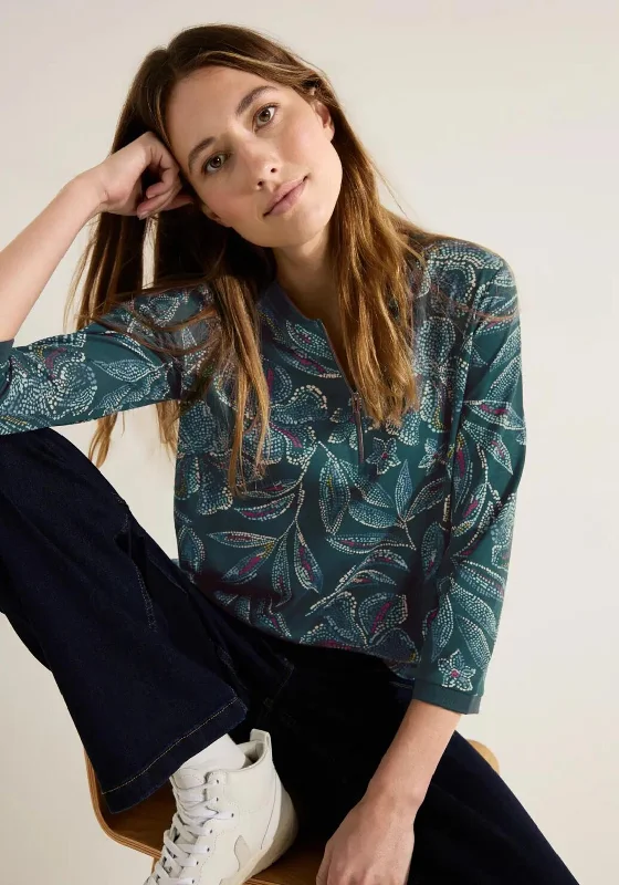 Cecil Quarter Zip Floral Print Tunic Top, Deep Lake Green