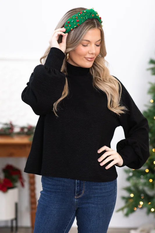 Black Mock Neck Ribbed Raglan Sleeve Top