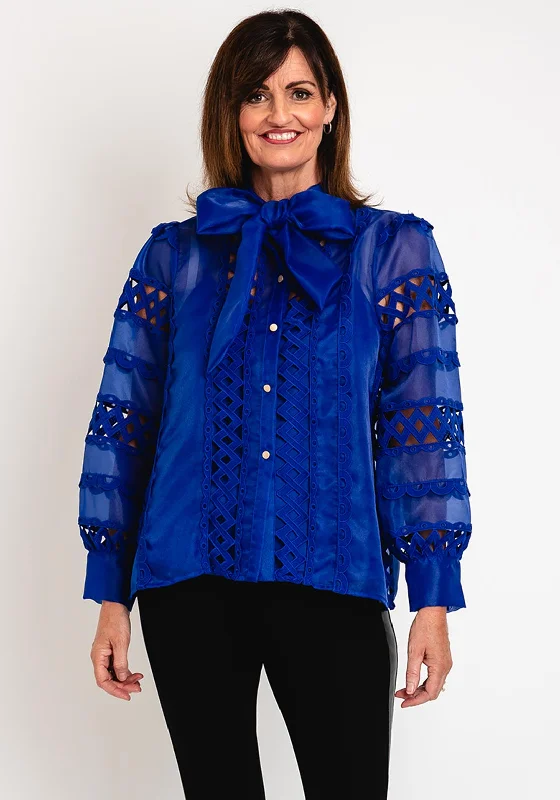 Natalia Collection One Size Broderie Trim Sheer Blouse, Cobalt Blue