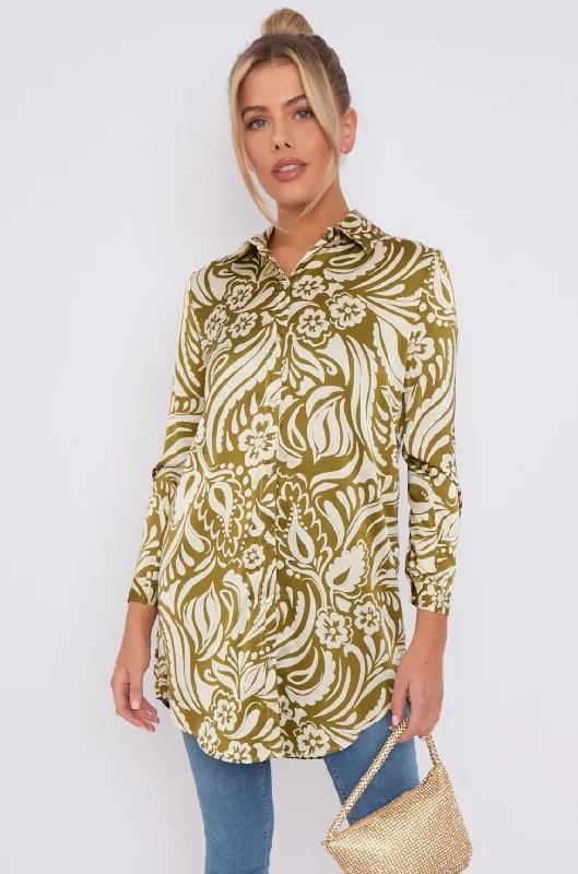 LOVE SUNSHINE Olive Green Paisley Print Satin Long Shirt