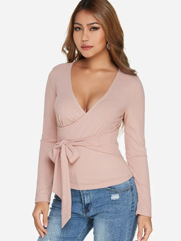 Custom Deep V Neck Plain Self-Tie Long Sleeve Top