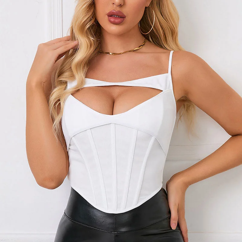 Cut Out Mesh Trim Sleeveless Curved Hem Crop Corset Top - White