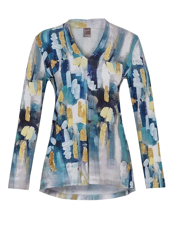 Dolcezza Paint Stroke Print V-Neck Top, Blue Multi