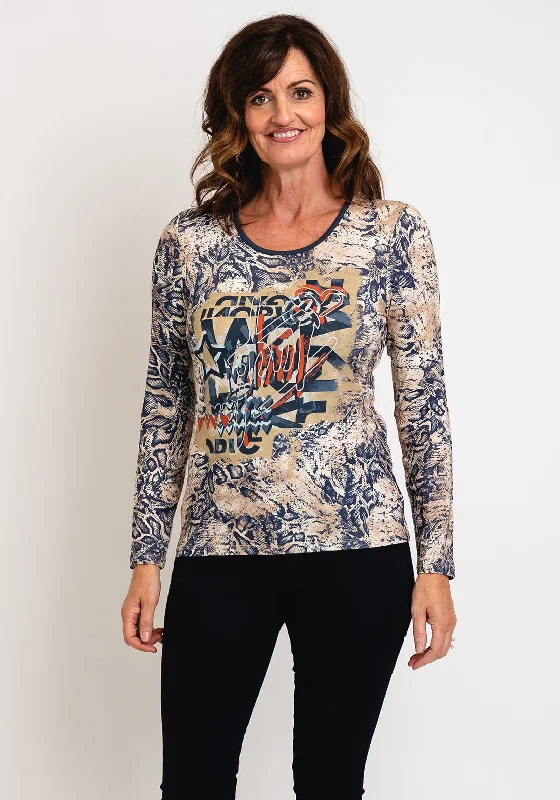 Barbara Lebek Round Neck Print Top, Navy