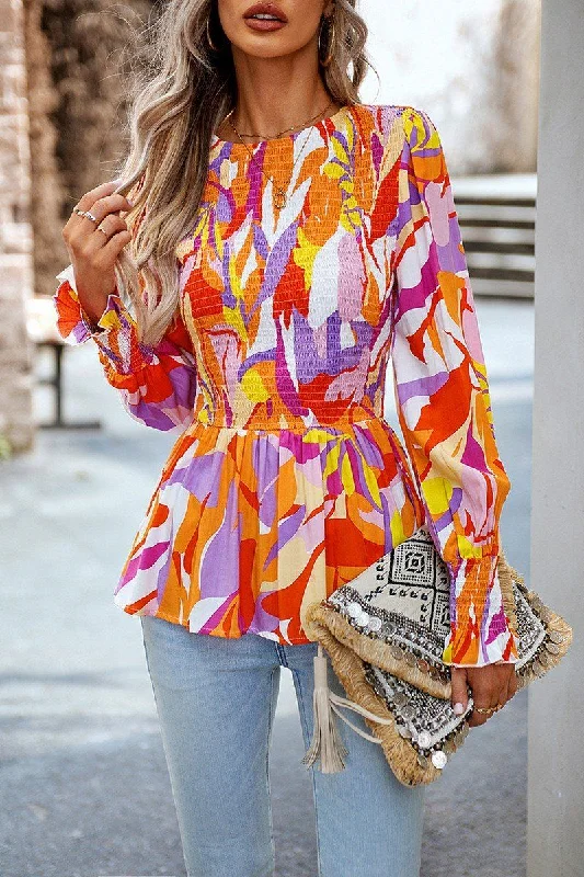 WOMEN SMOCKED FLORAL PRINTING TUNIC BLOUSE