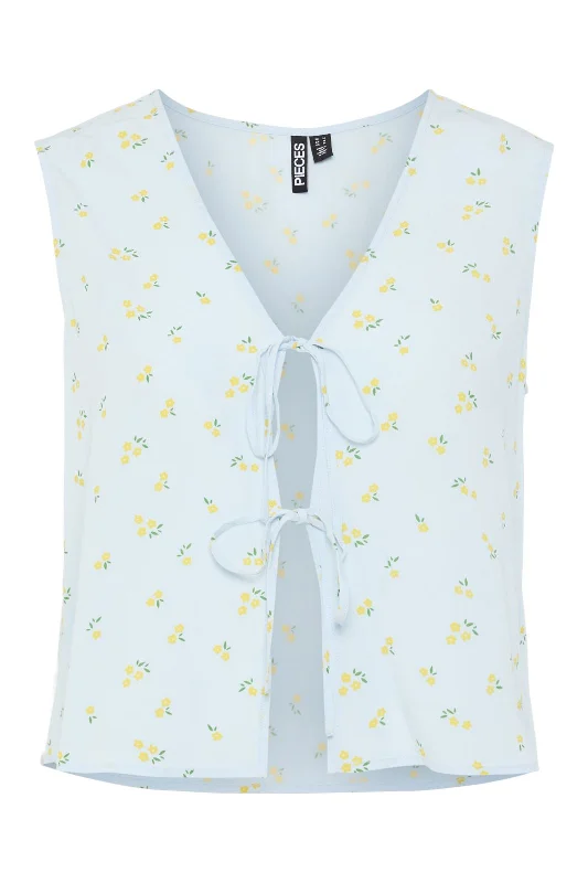 Pieces - Pcjessa Sl V-Neck Tie Top - 4684632 Nantucket Breeze Yellow Flowers