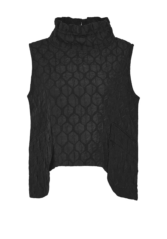 Ever Sassy Honeycomb Embossed Frill Neckline Top, Black