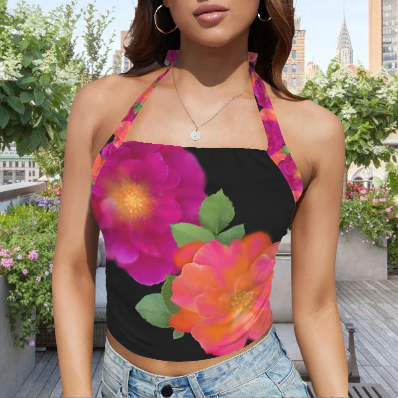 Halter Top with Neck Tie Back Multi Roses Black