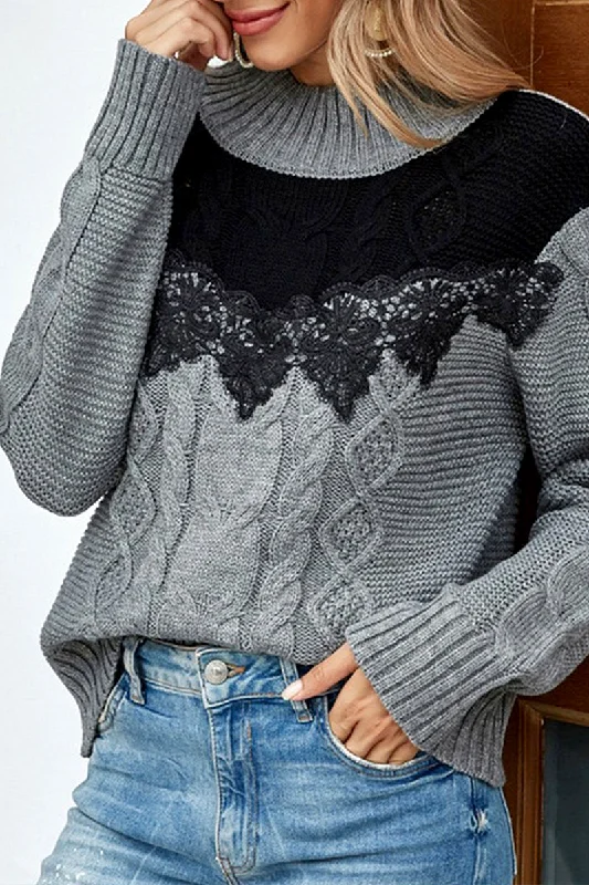 WOMEN COLOR BLOCK LACE TRIM HIGH NECK SWEATER