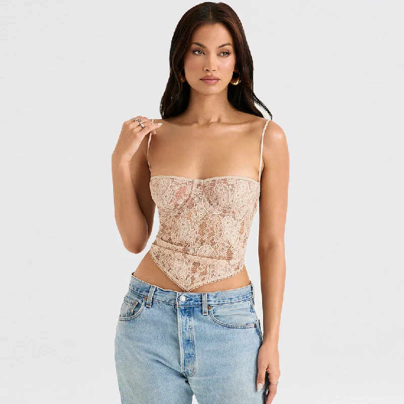 Paisley Lace Sweetheart Sleeveless Crop Tank Top - Apricot