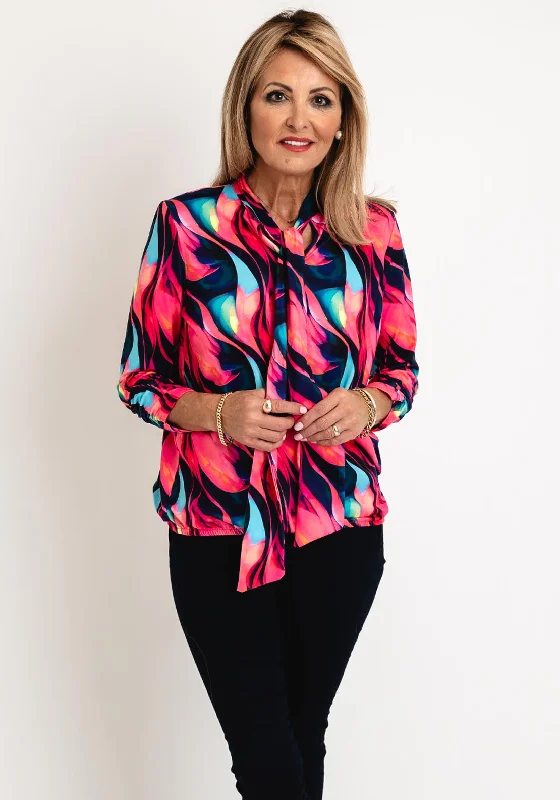 Leon Collection Print Tie Neck Top, Pink Multi