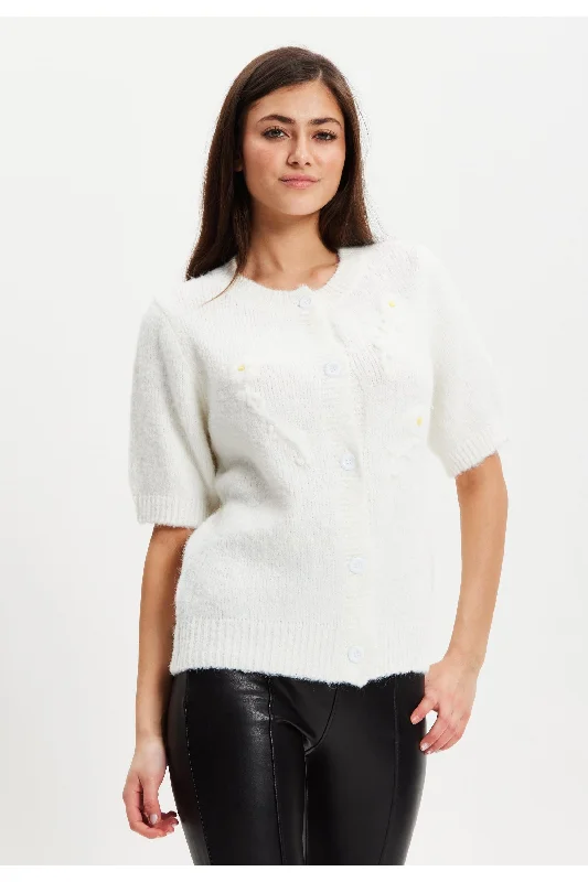 Liquorish White Knitted Floral Short Sleeve Cardigan