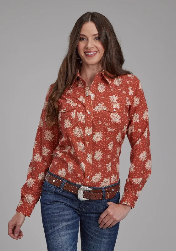 Roper Womens 2282 Floral Orange/Cream Cotton Blend L/S Shirt