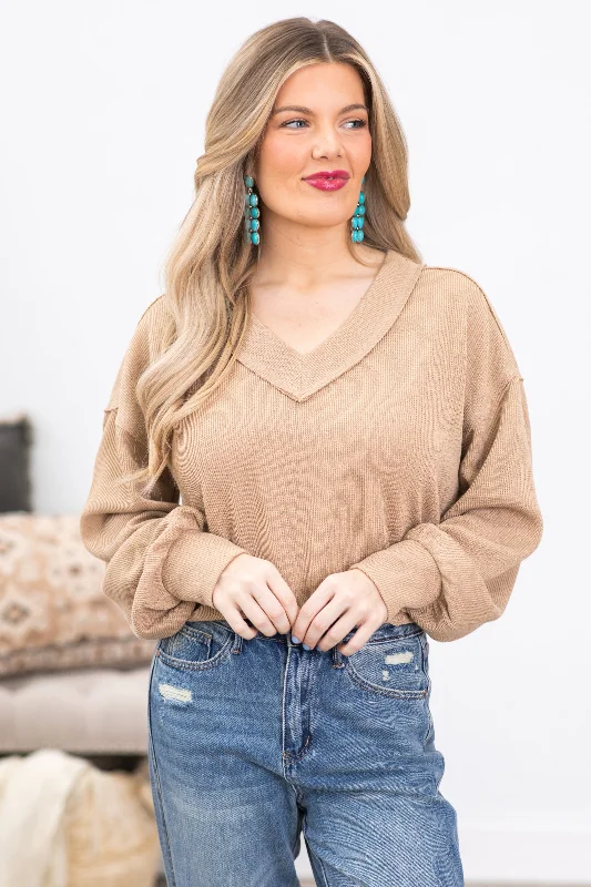 Tan V-Neck Loose Fit Knit Top