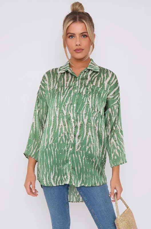 LOVE SUNSHINE Green Tie Dye Print Satin Oversized Shirt