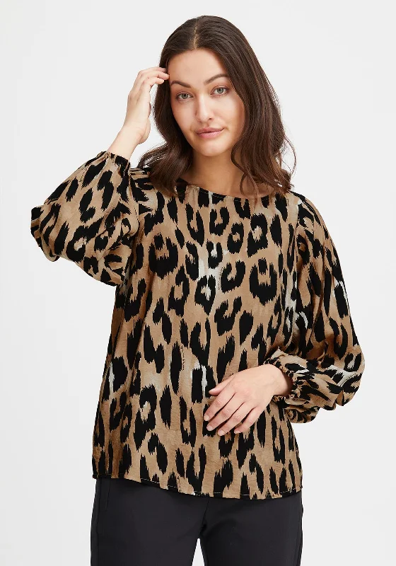 Fransa Leoni Boat Neckline Leopard Print Blouse, Brown