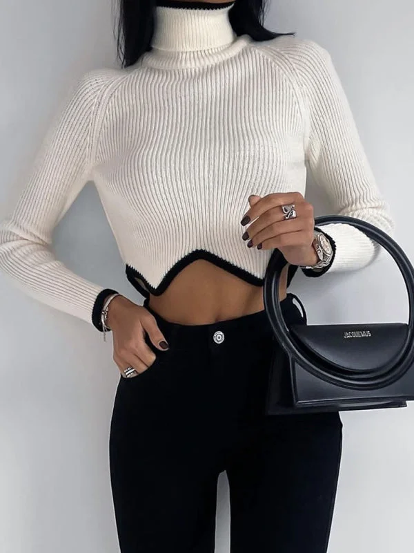 Women's turtleneck short sweater with irregular hem crop top long sleeve turtle neck top