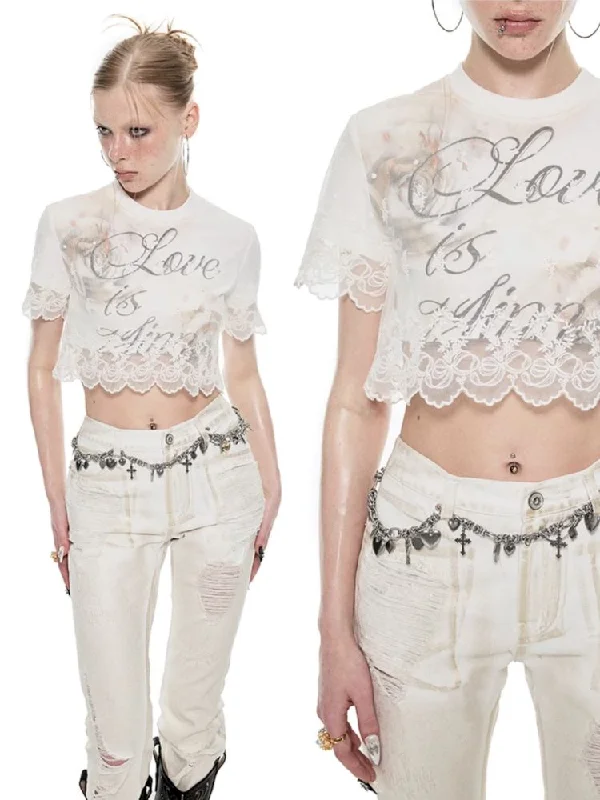 Lace False Two Pieces Splicing Short-Sleeed T-Shirt [S0000009694]