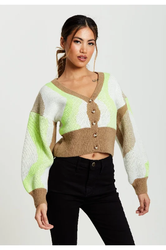 Liquorish Cardigan In Brown, Green And Cream