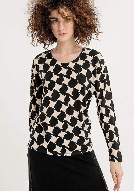 Surkana Round Neck Houndstooth Print Top, Black & Beige