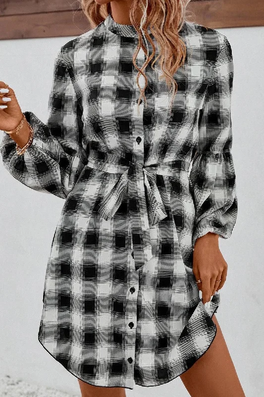 HIGH NECK PLAID BALLOON LONGSLEEVE DRESS SHIRTS