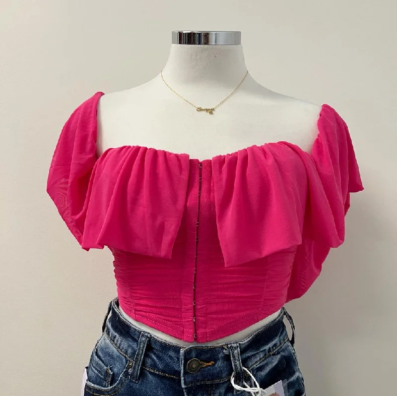 Kiera Off Shoulder Mesh Crop Top -Hot Pink