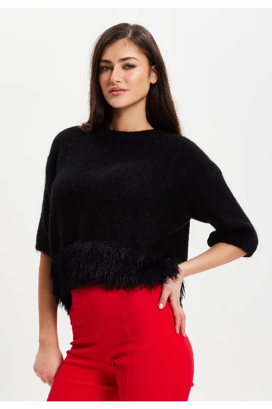 Liquorish Black Short Sleeves Jumper With Fur Hem