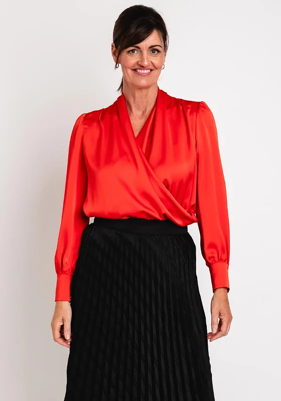 Camelot Draped Satin Wrap Blouse, Red