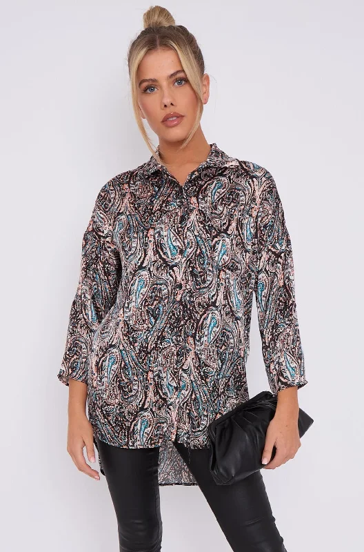 LOVE SUNSHINE Black Paisley Print Layer Satin Oversized Shirt