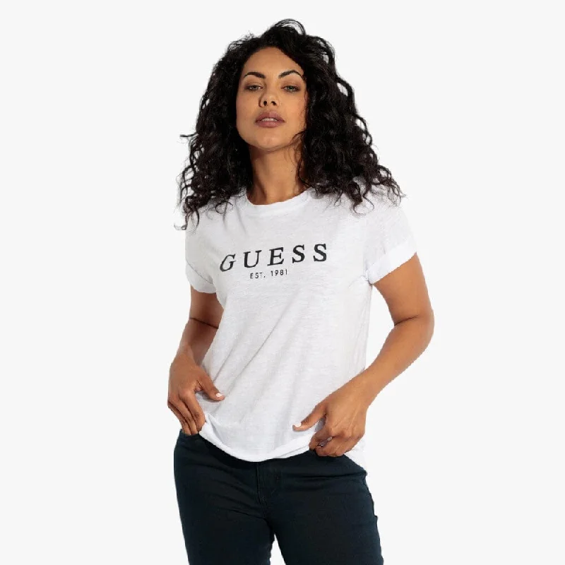 Guess Womens 1981 Roll Cuff Short Sleeve Tee White