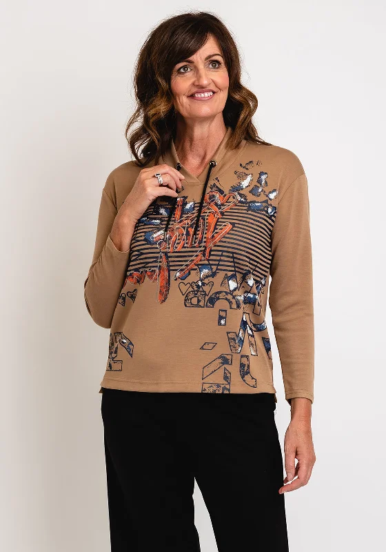 Barbara Lebek Drawstring Neckline, Front Print Top, Coffee