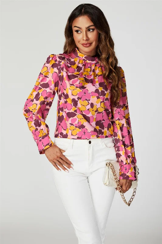 FS Collection Floral Print Long Sleeve High Neck Top In Pink