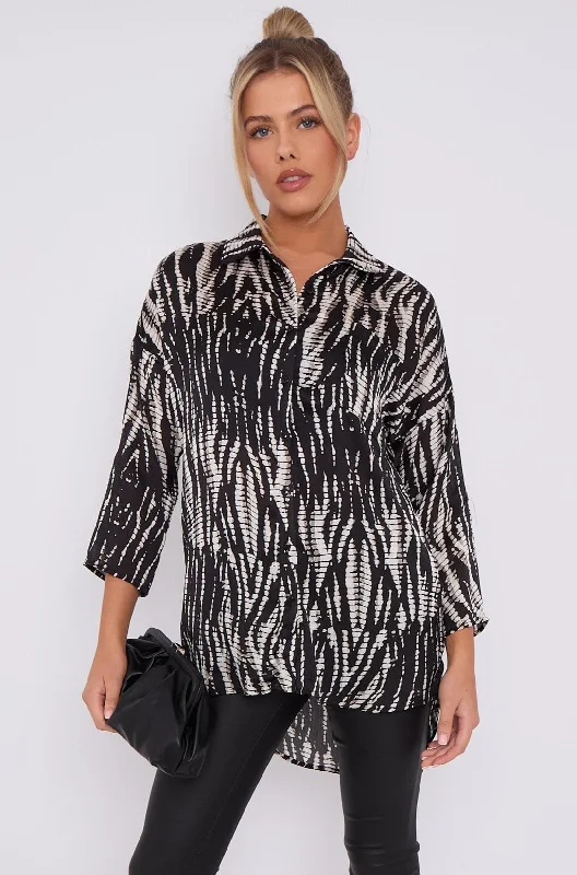 LOVE SUNSHINE Black Tie Dye Print Satin Oversized Shirt