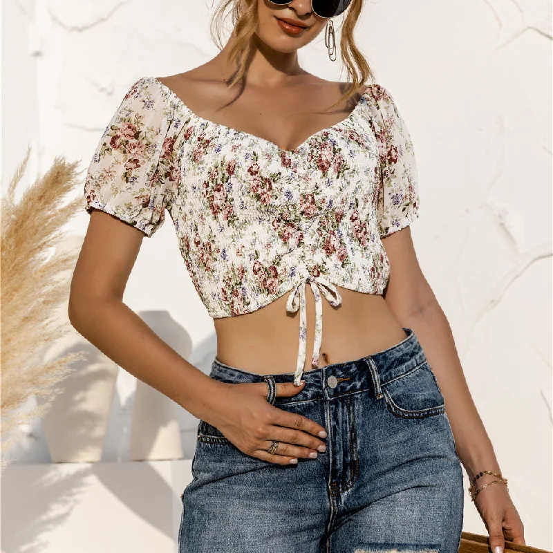 Floral Print Short-Sleeve Off Shoulder Drawstring Sexy Women'S Cropped Shirts Wholesale Crop Tops