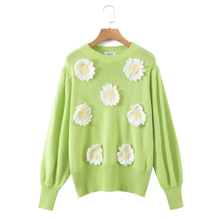 Three dimensional sunflower Pullover loose knitted sweater  7299