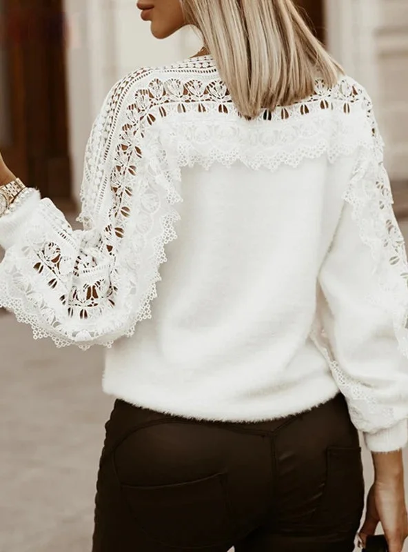 TastyHottie - WOMEN SOLID GUIPURE LACE LANTERN SLEEVE SWEATER