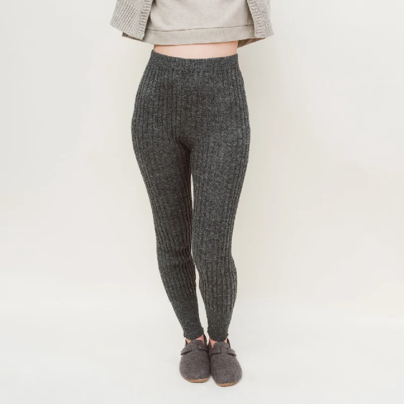 Women's High Waisted Knitted Rib Leggings - 100% Baby Alpaca - Salt & Pepper (S-XL)