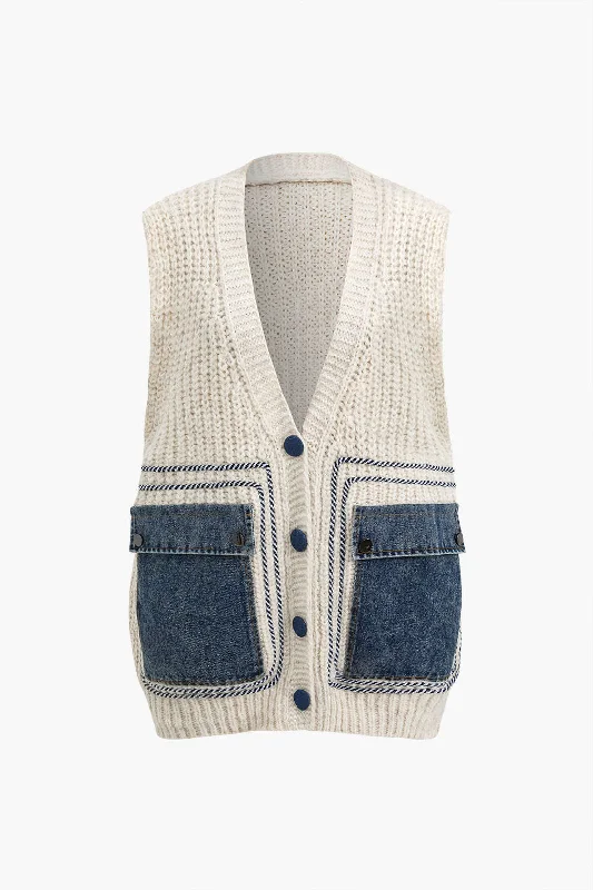 Denim Patchwork Pocket Sweater Vest