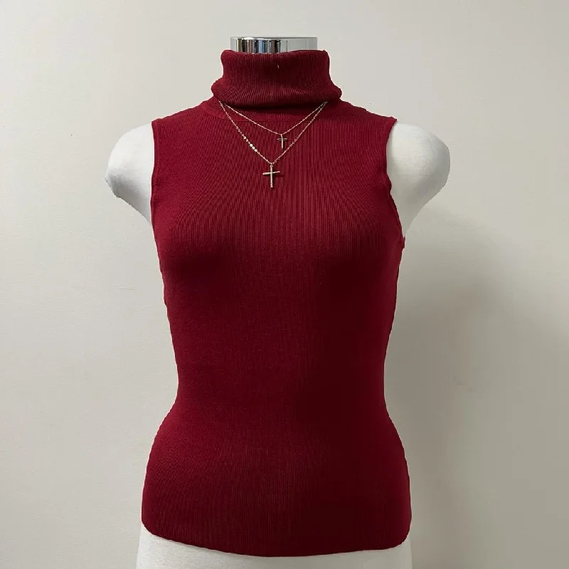 Rina Sleeveless Turtle Neck Sweater Knit Top-Burgundy